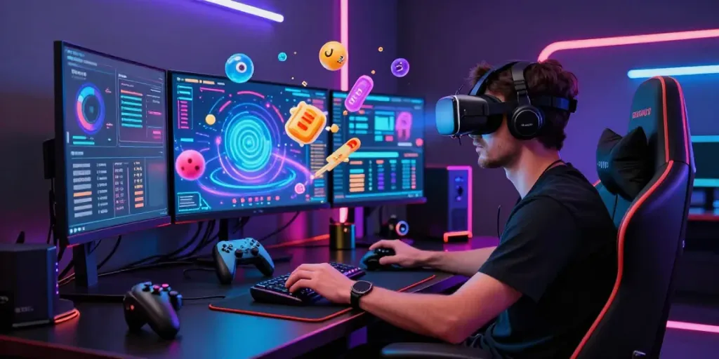 Pengalaman gaming futuristik dengan tisu4d, pengguna terampil di depan monitor, headset AR dan alat gaming canggih.