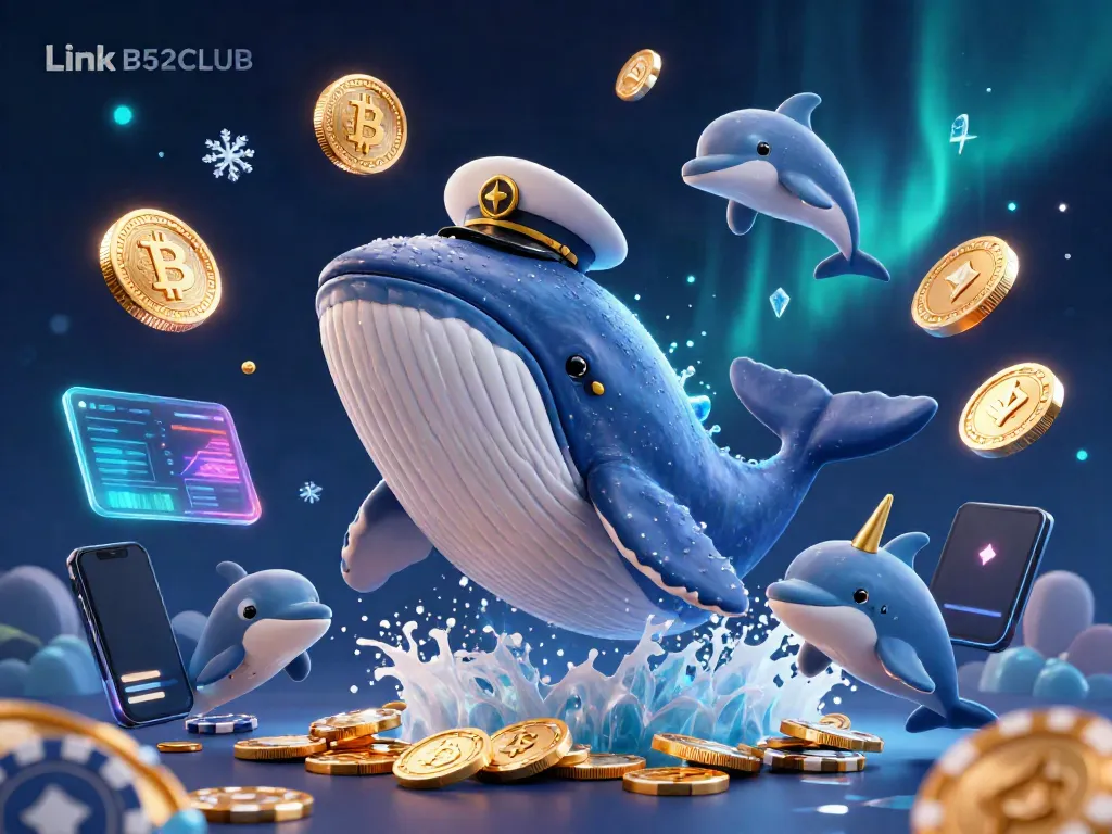 Playful dolphins and a captain's whale enjoy gaming elements in the Link B52CLUB immersive scene.