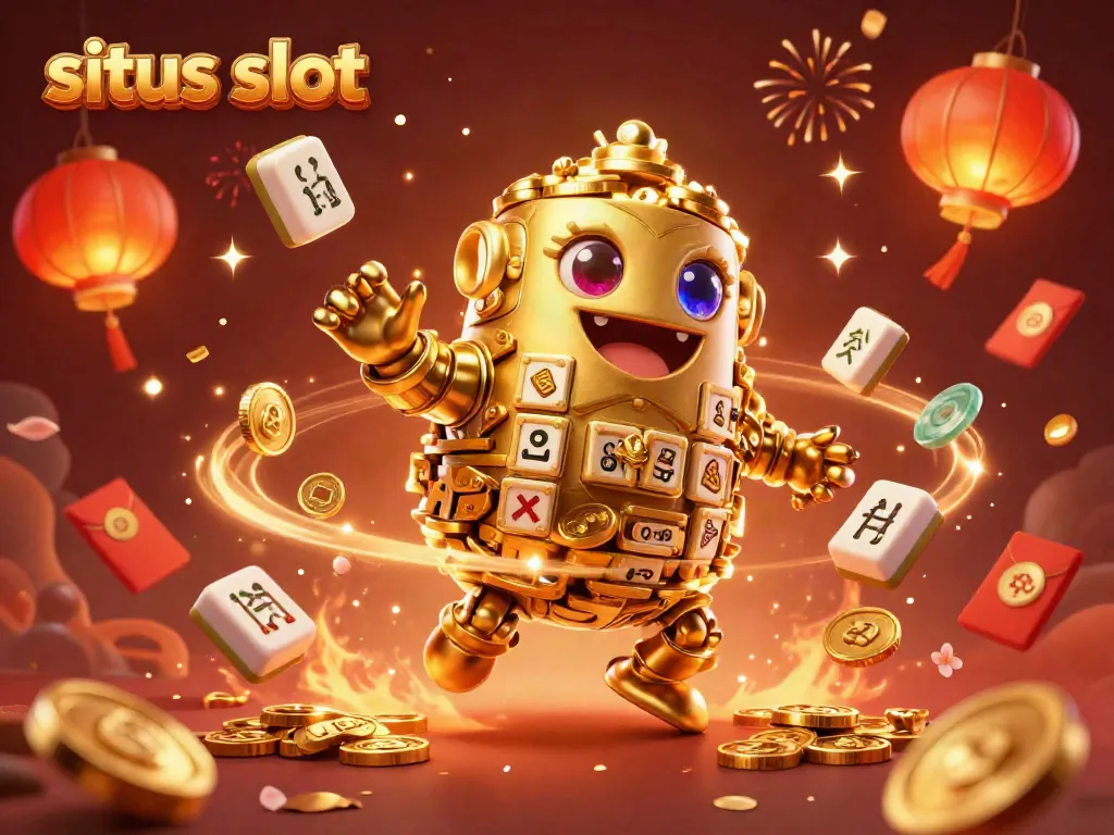 Experience the excitement of situs slot with a vibrant golden golem and festive elements in a dynamic casino illustration.
