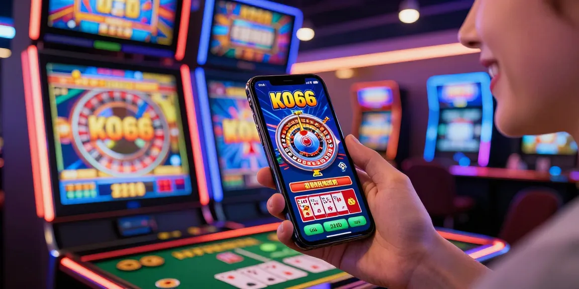 Exciting KO66 mobile gaming experience with casino graphics and a happy player.