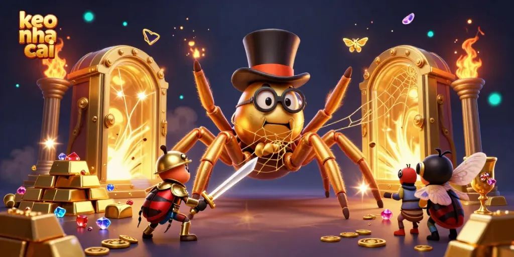 Engage with keo nha cai betting action featuring a golden tarantula, beetle knight, and treasures.