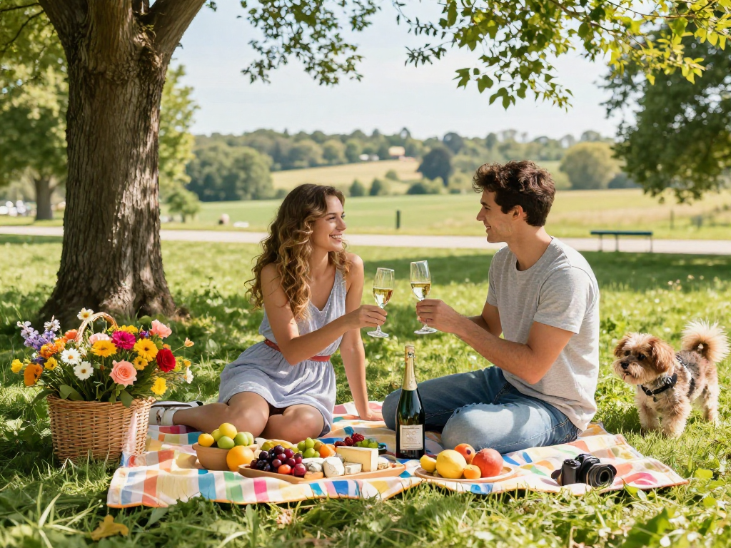 Couple enjoying a romantic picnic at https://f168.dating/ with gourmet food in a sunny park.