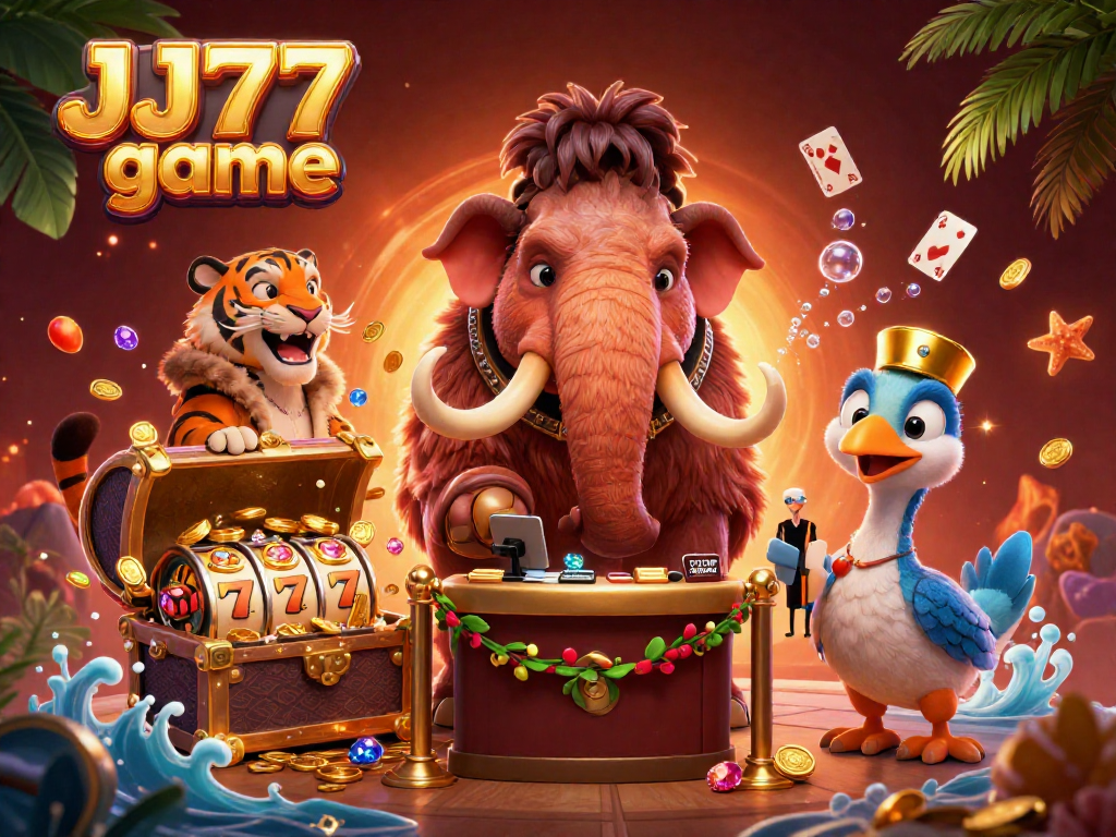 Experience the excitement of JJ77 game as the stylish mammoth checks IDs in a vibrant casino scene.
