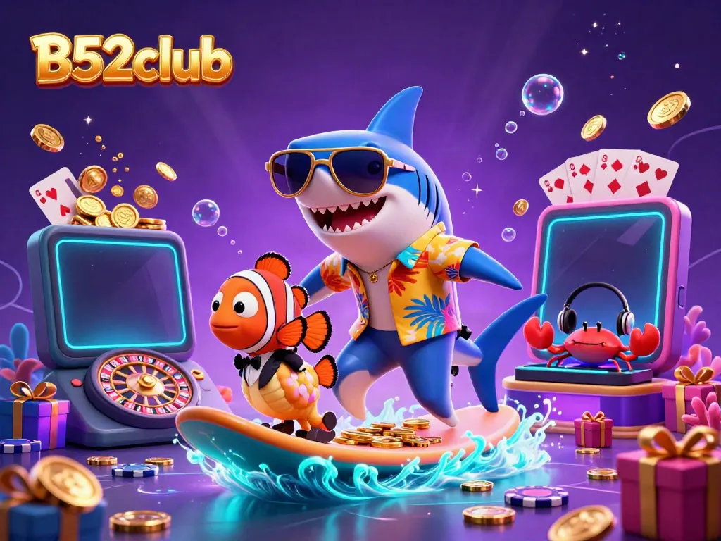 The B52club illustration showcases a hammer-head shark, clownfish, and crab DJ amidst vibrant casino elements like slot games and gold coins.