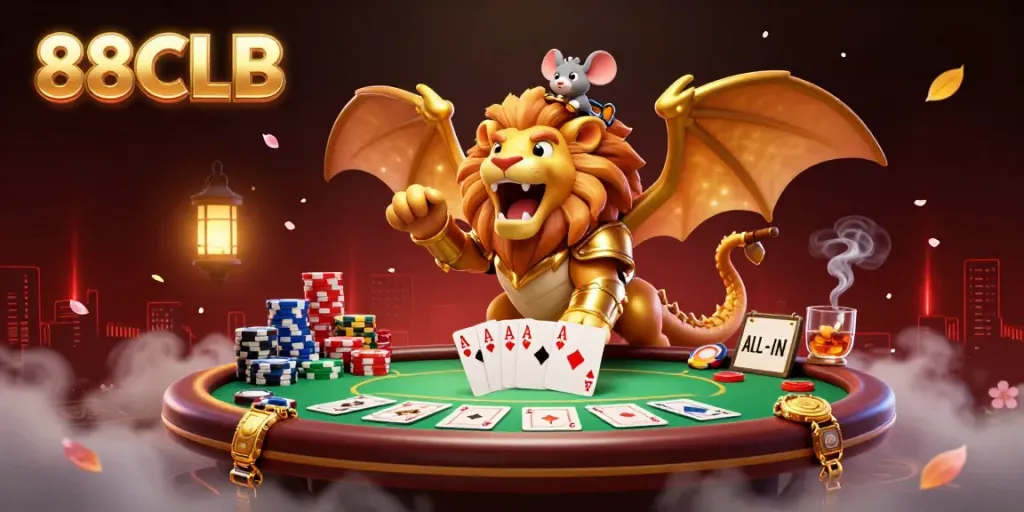 Engage with thrilling poker action at 88CLB, featuring a triumphant chimera and vibrant casino elements.