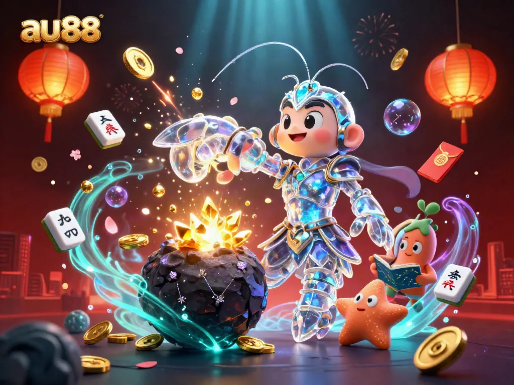 Experience the thrilling action of AU88 as a galactic samurai mantis shrimp bursts through an asteroid, revealing treasures and vibrant casino elements.