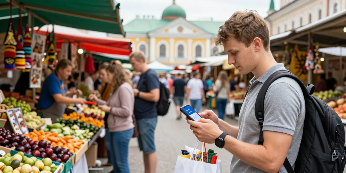 Een reiziger in Rusland die de PayInRussia-app gebruikt voor betalingen op de markt, omringd door kleurrijke stalletjes en locals.