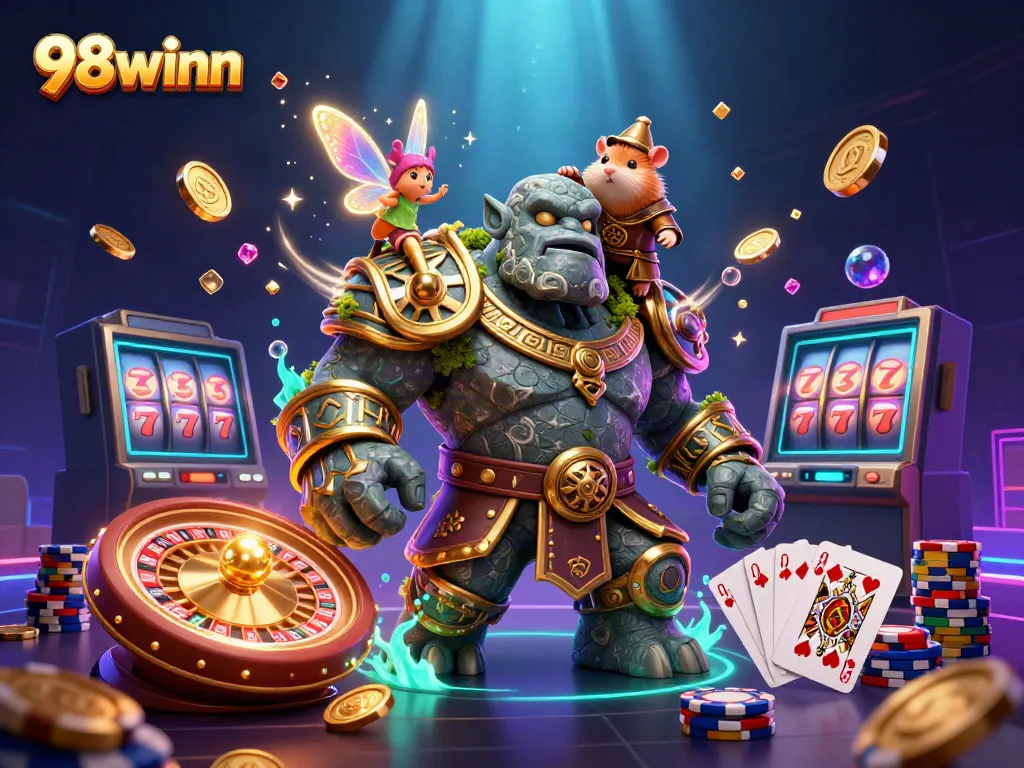 Engage with thrilling slots at 98winn featuring magical characters amidst a cascade of casino elements.