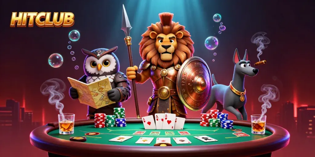 Engage with HITCLUB's vibrant casino scene, featuring a Spartan lion and tactical owl in a dynamic poker environment.