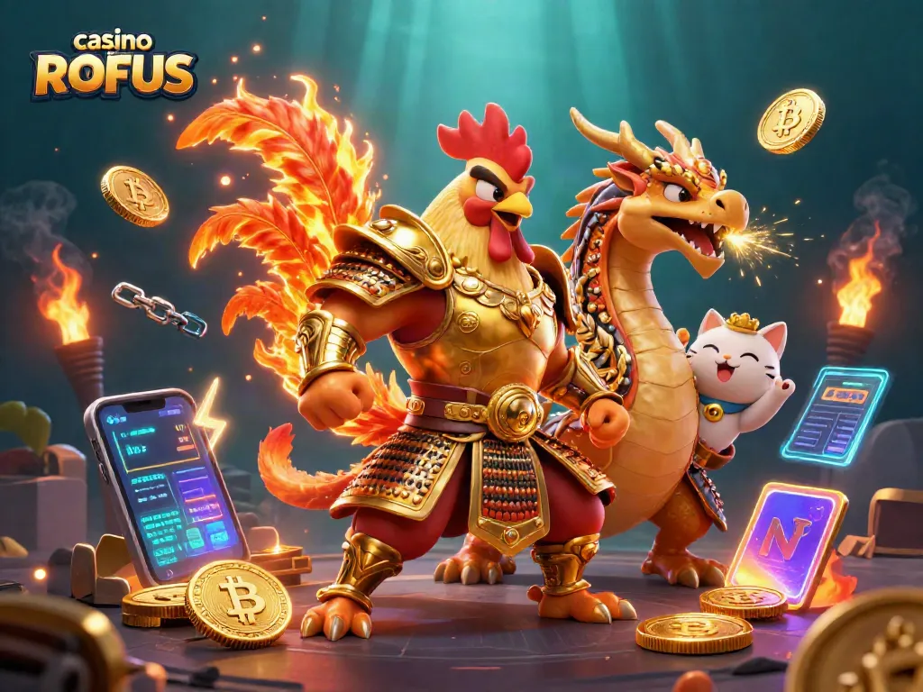 Engage in thrilling gameplay at casino uden ROFUS, featuring vibrant characters and digital elements.