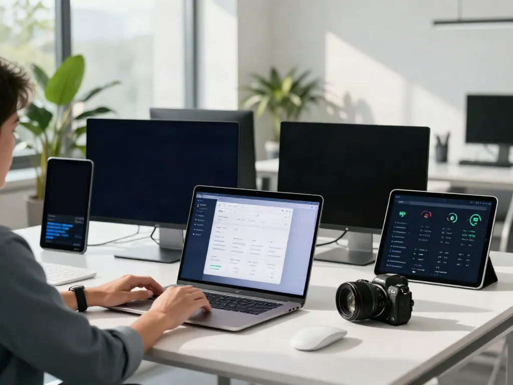 A professional user engaging with 快连 software in a modern workspace, showcasing seamless connectivity.