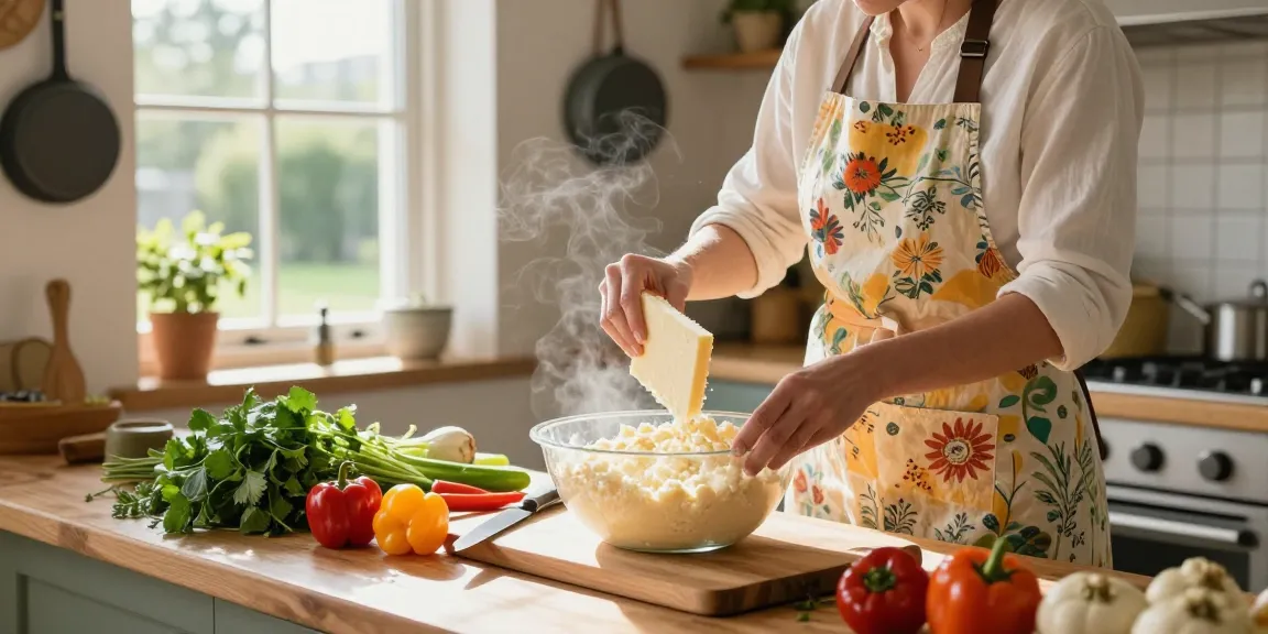 Gebruik van een kaasdoek om verse kaas te bereiden in een zonnige keuken.