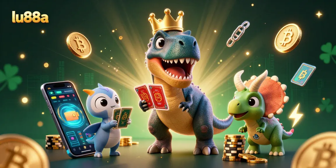Engage with the vibrant world of lu88a showcasing a T-Rex shuffling cards while hosting an exciting casino scene.