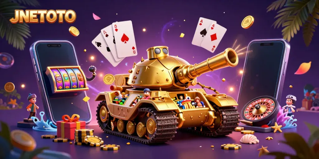 Experience thrilling fun at JNETOTO's colorful casino scene featuring 3D animated elements.
