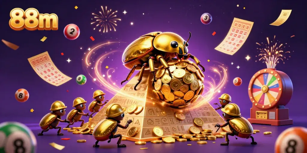 Join the excitement of 88m with a golden dung beetle rolling coins and lottery elements.