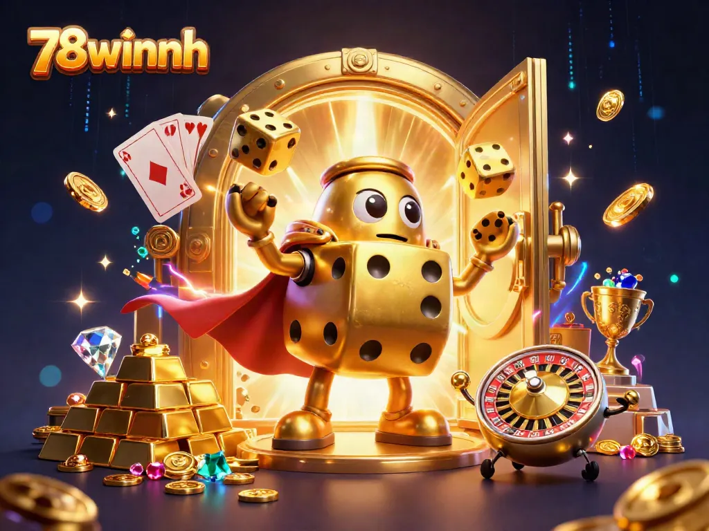 Catch the excitement of gameplay at 78winnh with a lively scene featuring golden dice and sparkling treasures.