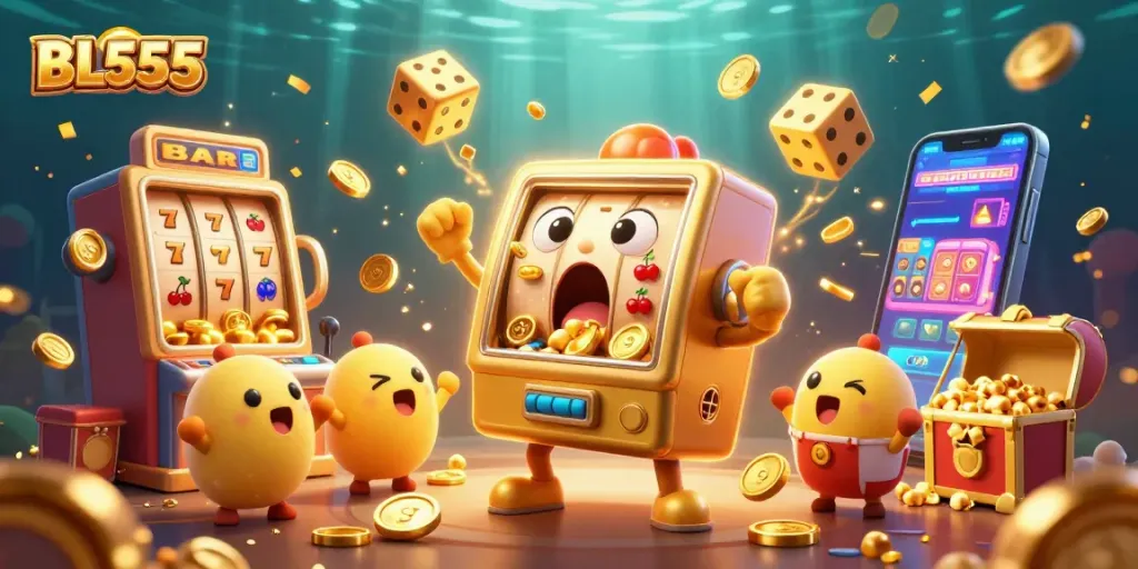 Experience the excitement with BL555's golden slot machine winning a jackpot surrounded by vibrant gaming elements.