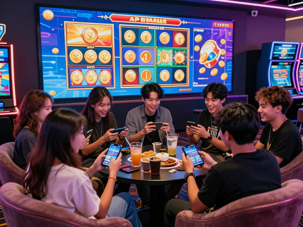 Friends enjoying gacor slot games in a vibrant online casino atmosphere, showcasing excitement and interaction.