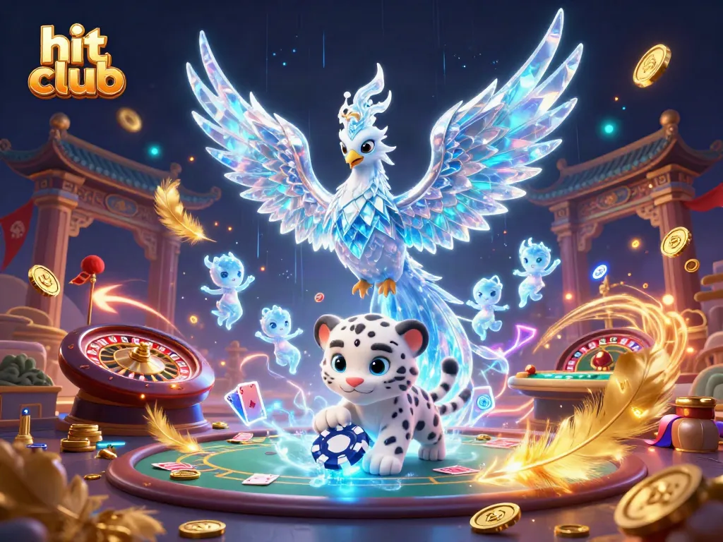 Experience the thrill of hit club with glowing phoenix and playful snow leopard amidst vibrant casino action.