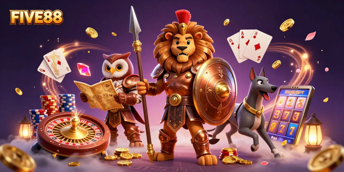 Engage with FIVE88's vibrant 3D casino scene featuring heroic characters, golden coins, and a roulette wheel.