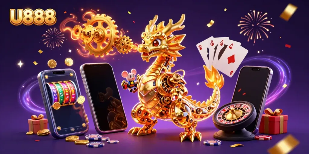 Experience thrilling gameplay with U888's vibrant casino elements and a mesmerizing golden dragon.