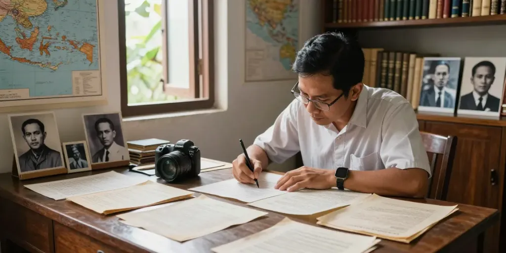 Indonesian researcher studying documents on colonial history highlighting the conflict between Indonesia and the Netherlands.