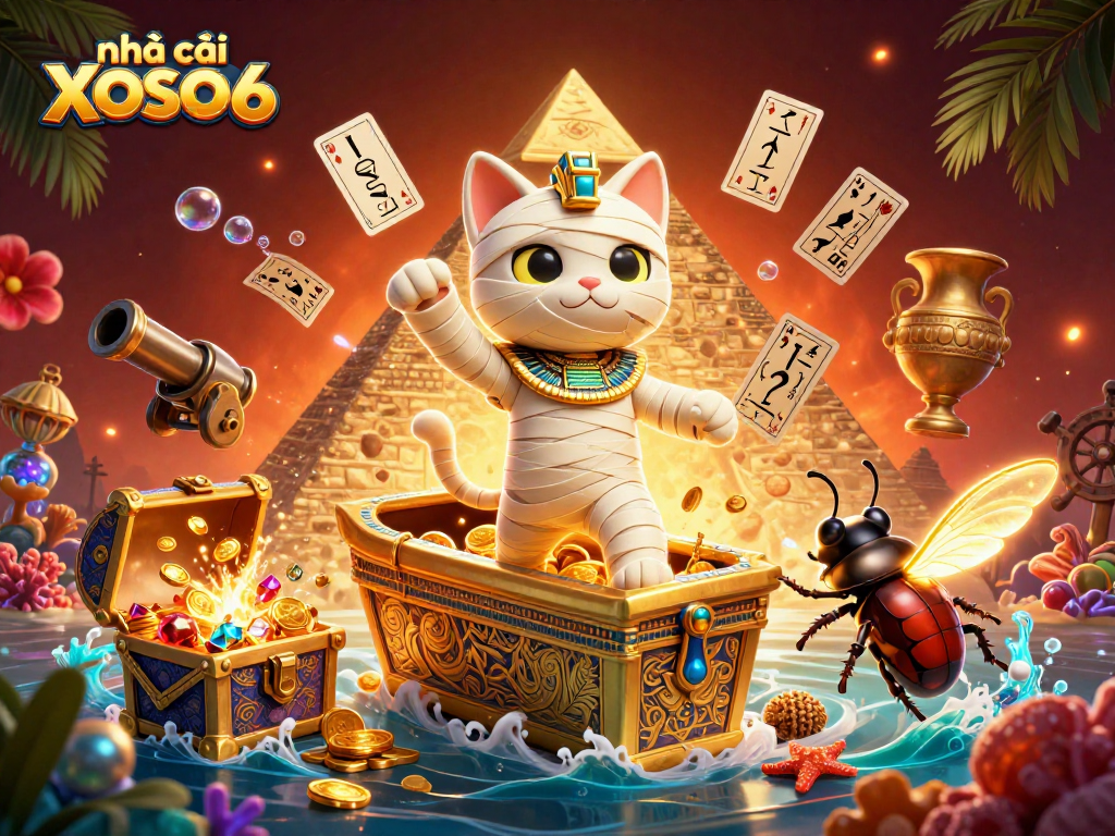 Engage with the dynamic gaming scene at nhà cái XOSO66 featuring a cartoon mummy cat and vivid casino elements.