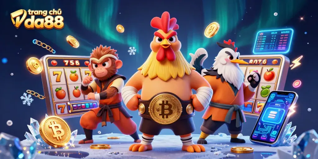Spin and win at trang chủ da88 featuring a Muay Thai rooster and Shaolin monkey in a gambling scene.