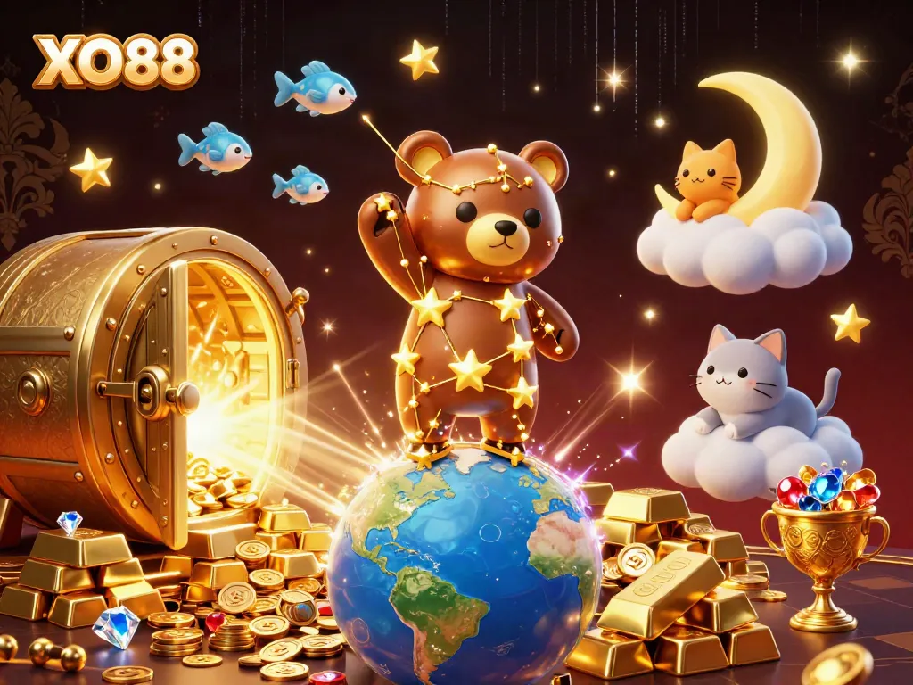 Experience the magic of XO88 as a constellation bear scoops up coins in a vibrant casino landscape.