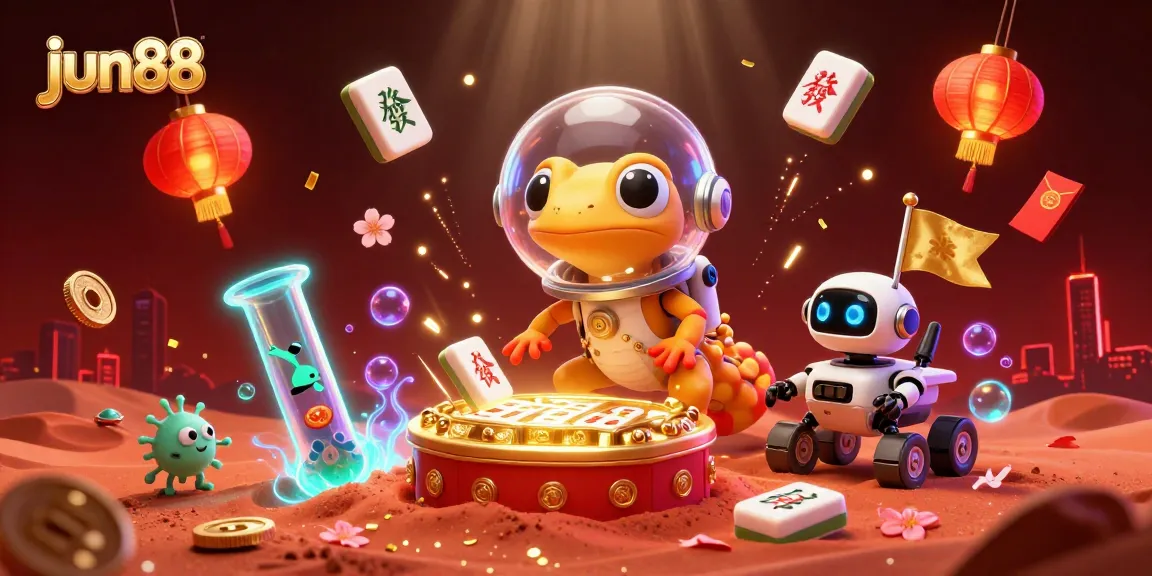 Engage in thrilling gameplay at jun88's vibrant virtual casino, featuring a Martian gecko exploring a buried treasure.