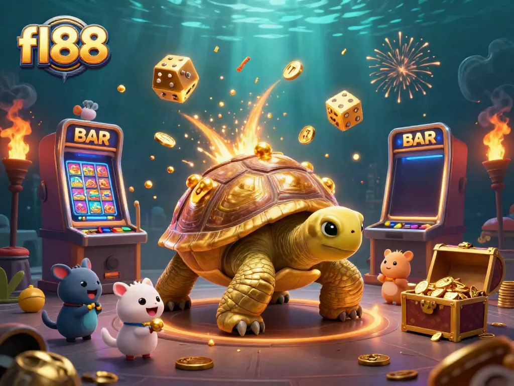 Experience fl88's vibrant gaming world with a gold tortoise and dynamic slots.
