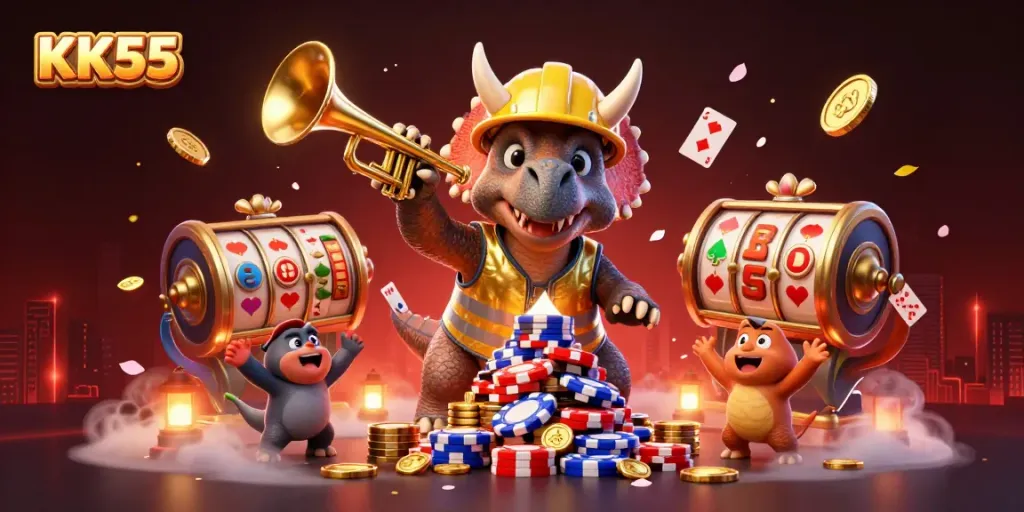 Join the excitement with KK55 as a cartoon triceratops builds a tower of poker chips in a vibrant casino setting.
