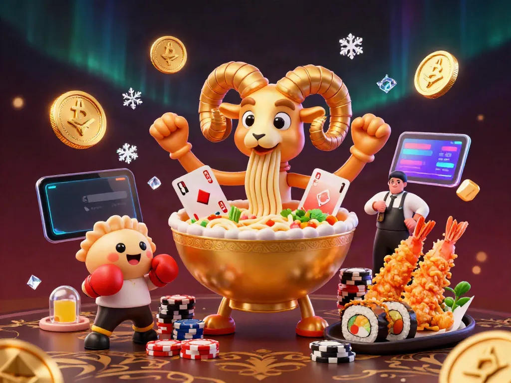 Fabet showcases a vibrant 3D scene featuring a golden ramen bowl dealer amidst crypto coins, enhancing the casino experience.