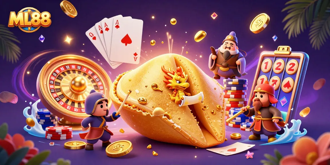 Experience the excitement of ML88 with vibrant casino-themed 3D illustration featuring golden cookies and dynamic game elements.