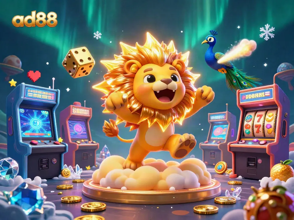 Engage with ad88's thrilling casino environment featuring vibrant characters and colorful gaming elements.