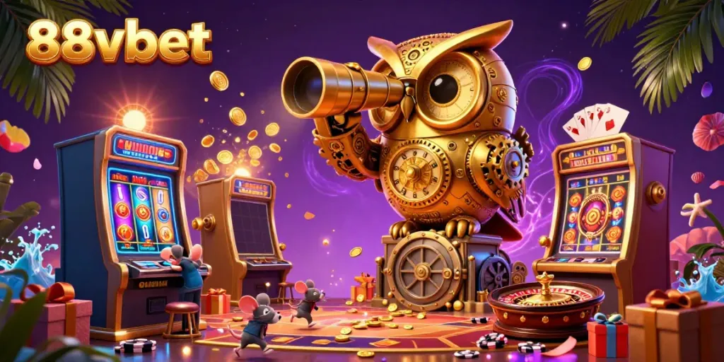 Experience thrilling games at 88vbet with a vibrant scene featuring an owl and casino elements.
