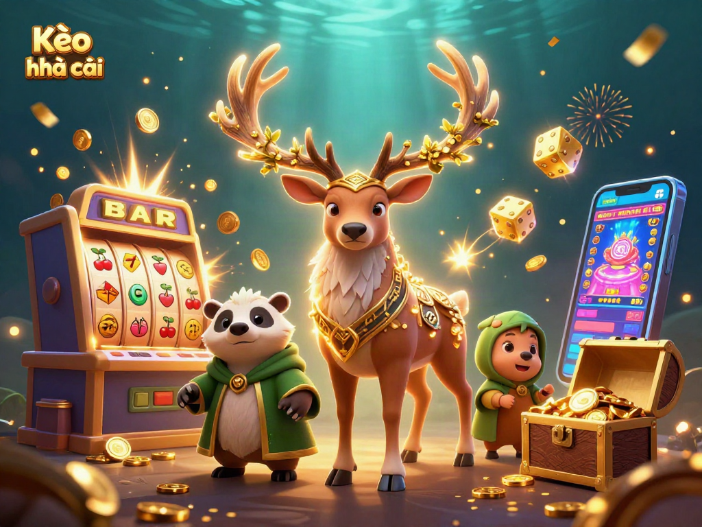 Kèo nhà cái: A vibrant 3D scene of a Celtic druid stag and badger amidst exploding casino elements.