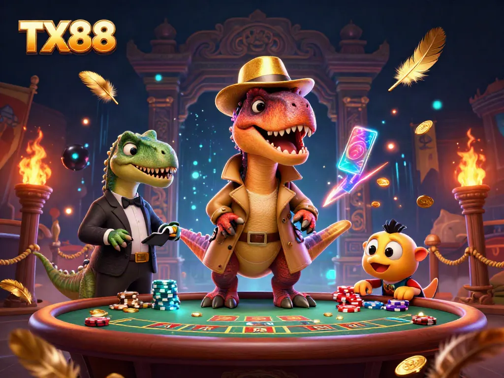 Watch the TX88 velociraptor card counter make gameplay moves while a stegosaurus pit boss oversees the action.