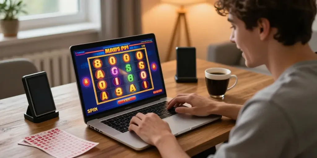 Pengguna bersenang-senang bermain slot online di laptop dengan suasana hangat di rumah.