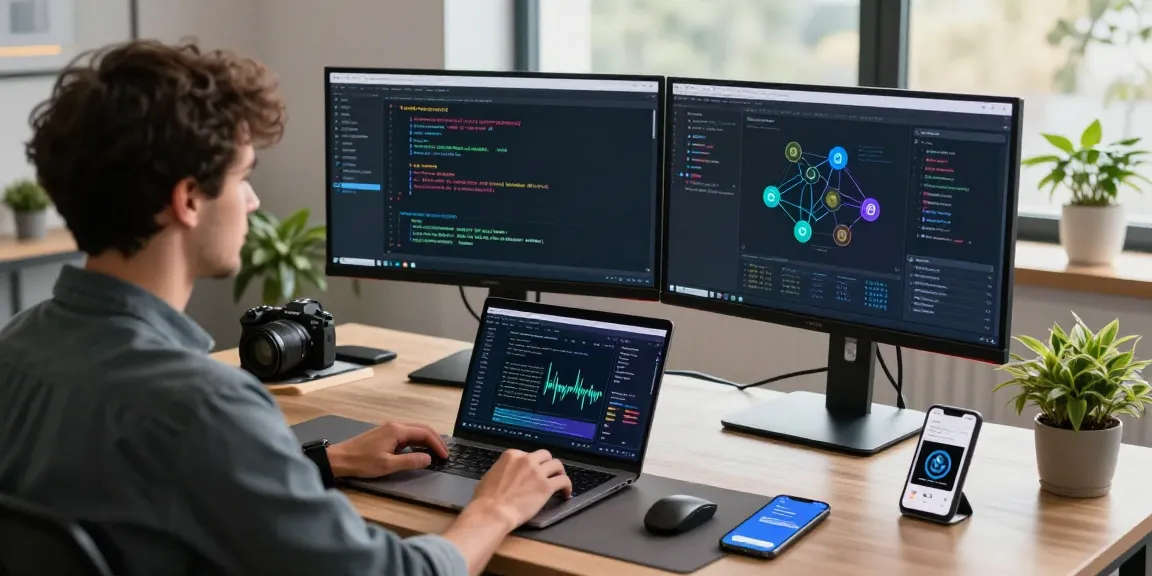 Professionele werkruimte voor website laten maken met cryptocurrency-interface, blockchain-diagrammen, en beveiligingsaspecten.