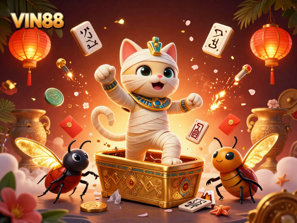 Experience thrilling gaming at VIN88 with a unique 3D casino scene featuring an Egyptian mummy cat.