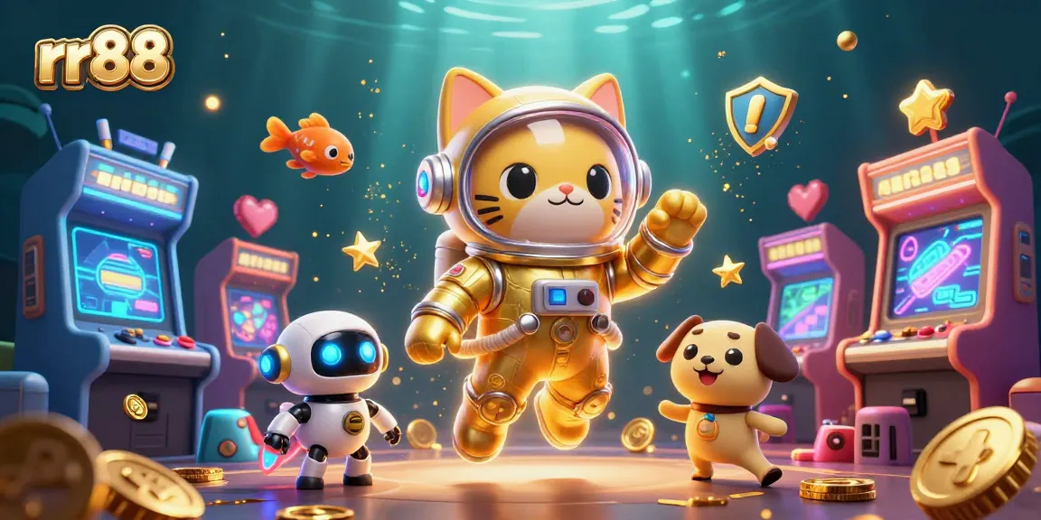 Engage with rr88's vibrant 3D casino scene featuring an astronaut cat, robot dog, and arcade elements.