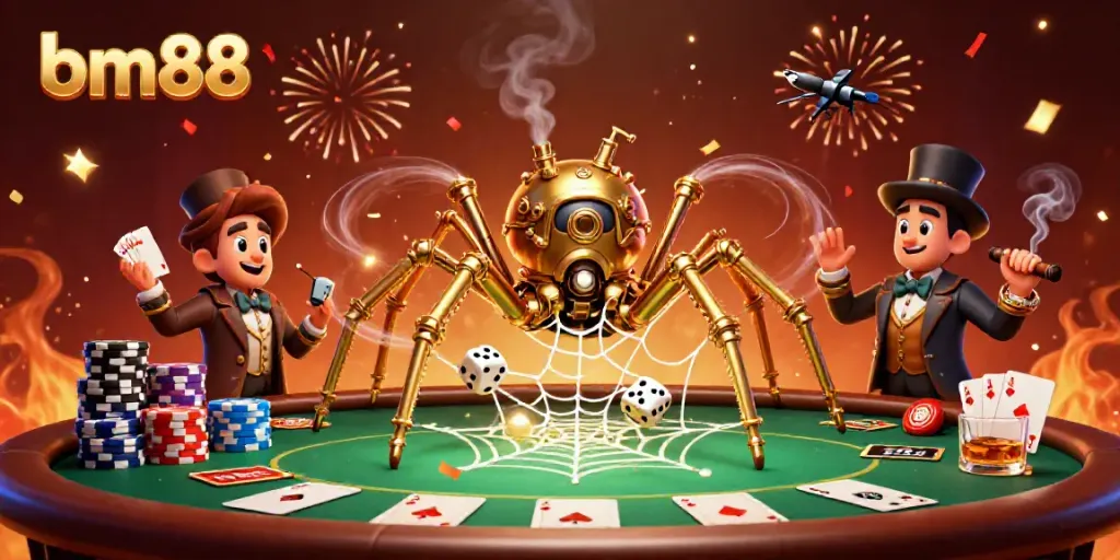 Engage with bm88 through a dynamic 3D casino adventure featuring a golden spider and poker animations.
