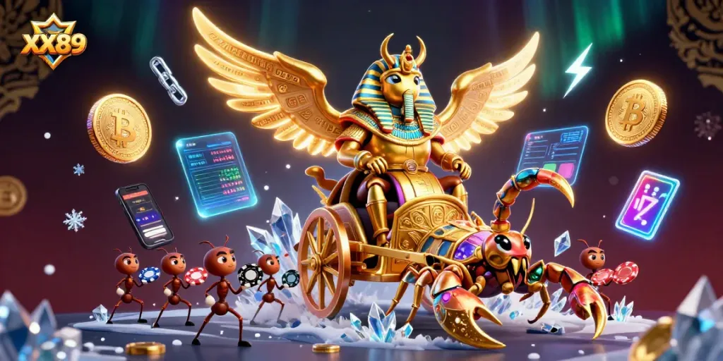 Engage with the thrilling world of XX89 through an energetic 3D casino illustration featuring unique gambling elements and characters.