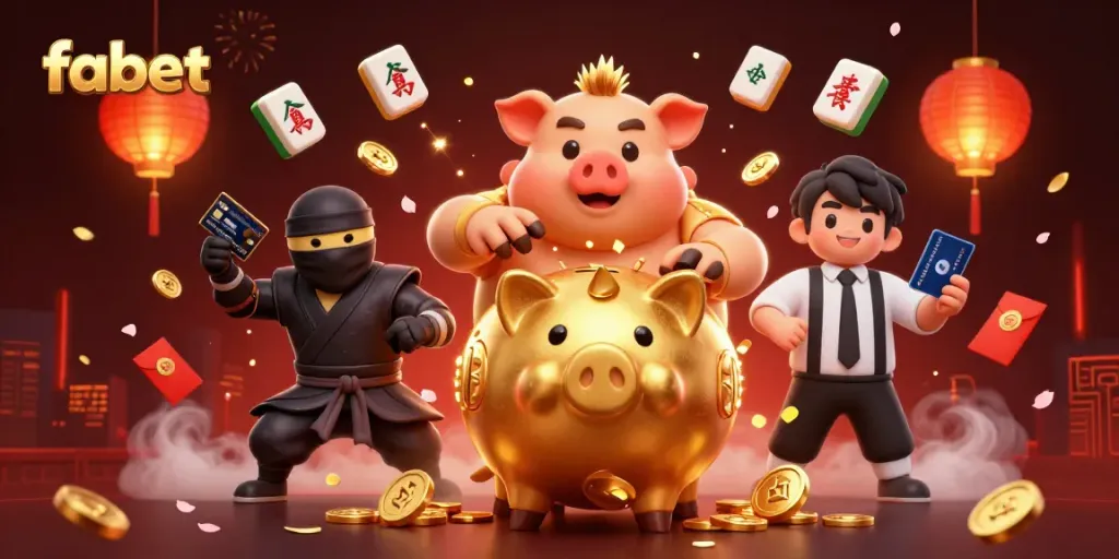 Fabet brings excitement with a sumo wrestler piggy bank amidst golden treasures in a vibrant casino scene.