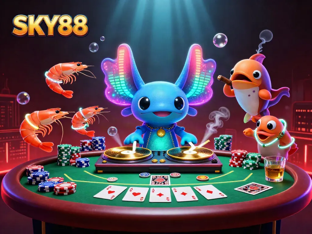 Enjoy thrilling gaming action with SKY88's vibrant digital casino scene featuring poker play and colorful characters.