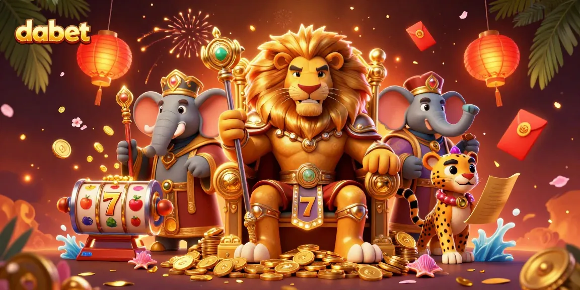 dabet showcases a lion king on a gold coin throne with vibrant slot machines, riches, and celebratory elements.