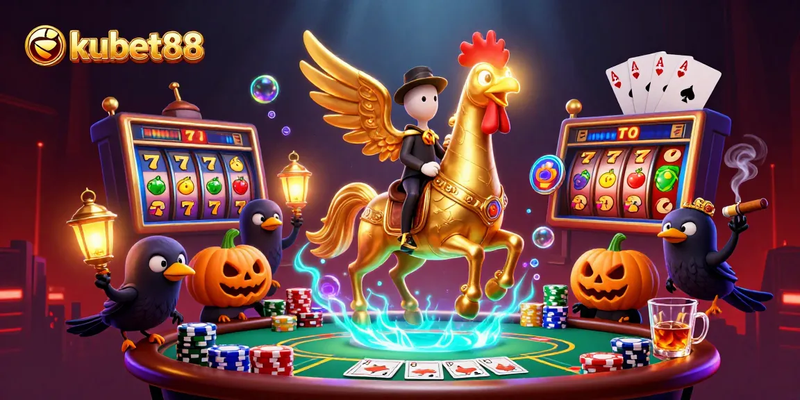 Experience the adventure of kubet88 with vibrant casino gaming elements featuring a golden rooster hero.