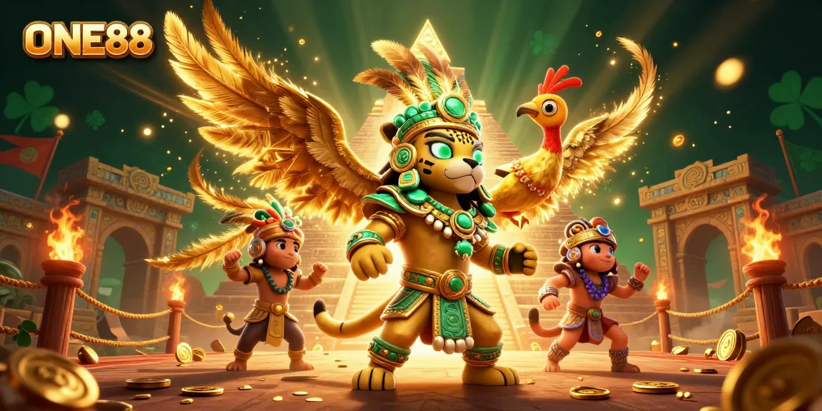 Engage in thrilling gameplay at ONE88 with a vibrant illustration featuring Mayan-inspired casino elements.