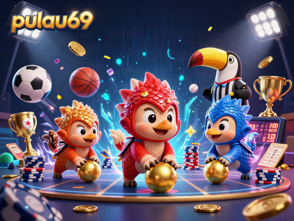 Engage with pulau69 in a dynamic casino scene featuring rival pangolins and vibrant gaming elements.